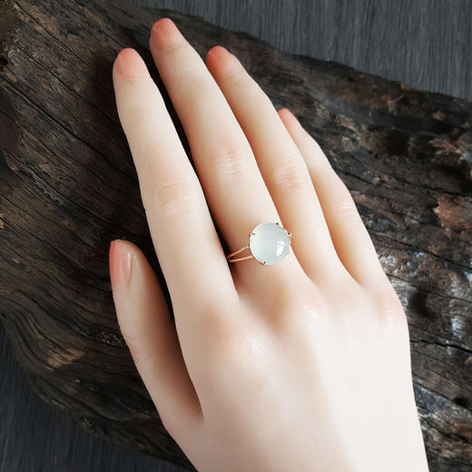 【天然正品】AU750玫瑰金镶钻镶天然冰种蛋面翡翠（吉祥、圆满）戒指16号（戒圈可改）220924TJ02 现售价：1880 商品图6