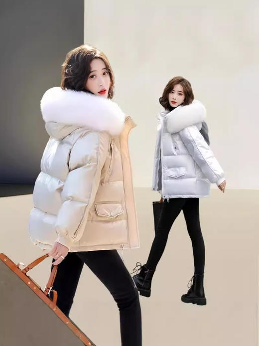 【温暖大毛领！时尚短款加厚羽绒服】免洗羽绒服女短款新款韩版时尚亮面白鸭绒宽松鸭绒服保暖外套，大口袋设计，时髦美观 温暖双手。ry 商品图4