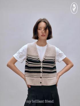 shyshystill/shy202408016/v领粗细条纹高品质全羊毛重磅无袖马甲
