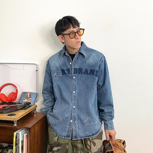 徐太浪痞帅涂鸦长袖牛仔衬衫男秋季潮牌男装字母绣花修身衬衣外套 商品图0