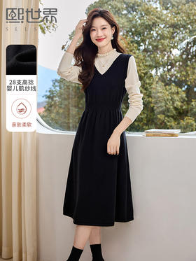 【专属特价】熙世界法式撞色花边领拼接打底假两件针织连衣裙女2025秋冬新款