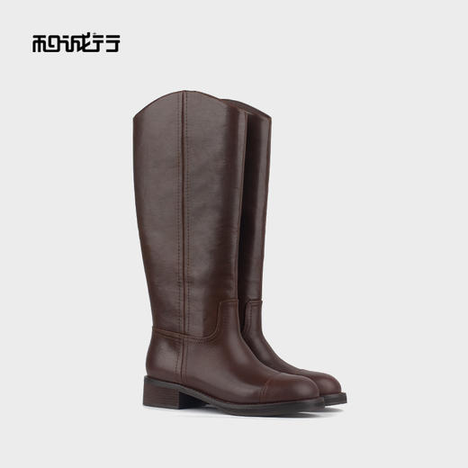 和诚行 2024秋冬新款时尚显瘦百搭长筒靴女复古真皮骑士靴0400241 商品图4