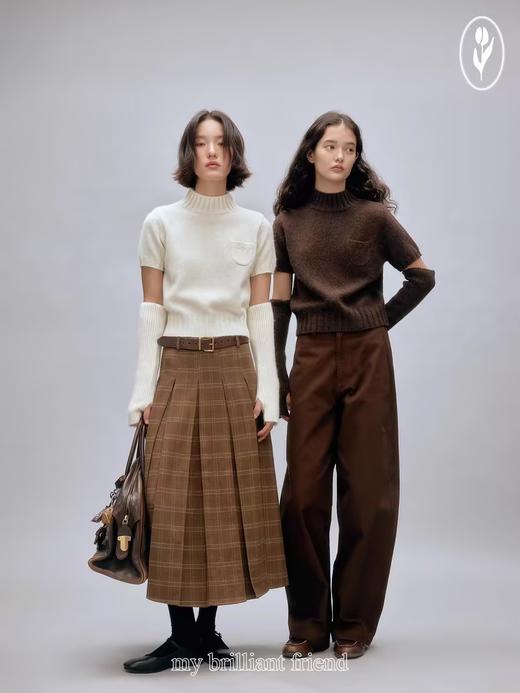 shyshystill/shy202408047/两色A字羊毛重工压线百褶裙中长款格纹半裙 商品图2