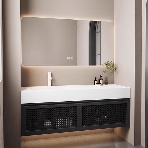 原木洗手浴室柜侘寂风可丽耐盆岩板藤编洗漱组合台盆一体美式陶瓷 商品图0