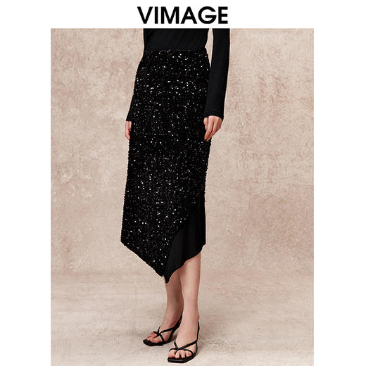VIMAGE纬漫纪冬季新款复古时髦重工亮片显瘦百搭黑色半身裙V2206817 商品图2