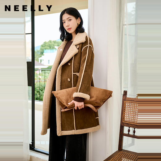 NEELLY纳俪商场同款冬季新款复古美拉德麂皮绒保暖外套女长款大衣N24104C06602 商品图0