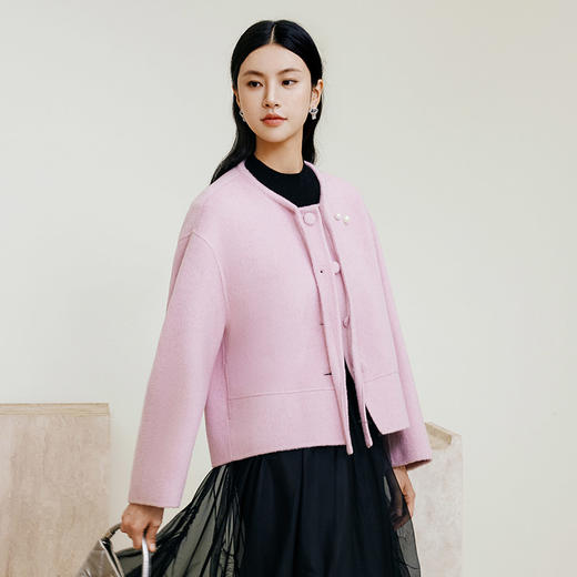 玳莎粉色圆领毛呢外套女2024年系带设计感绵羊毛双面呢保暖大衣  ED37309 商品图1