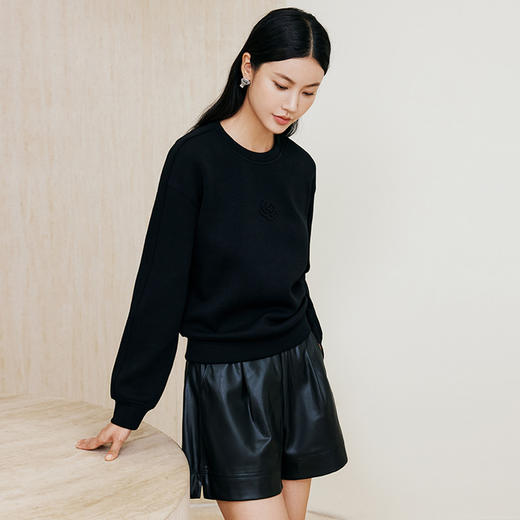 玳莎黑色压花圆领卫衣2024冬季新款通勤时尚休闲落肩袖内搭上衣女  ED32301 商品图2