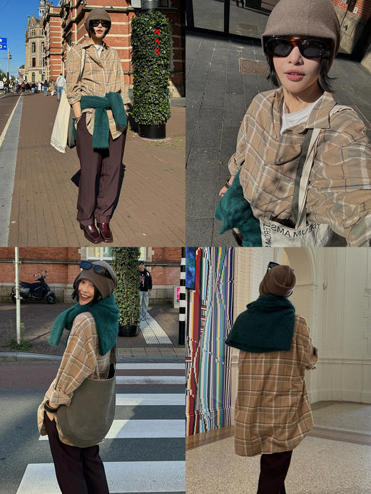 HIDEMI 【吴谨言同款】复古色织格纹长绒感磨毛高品质极简廓形纽扣衬衫 卡其米格/奶白格 商品图1