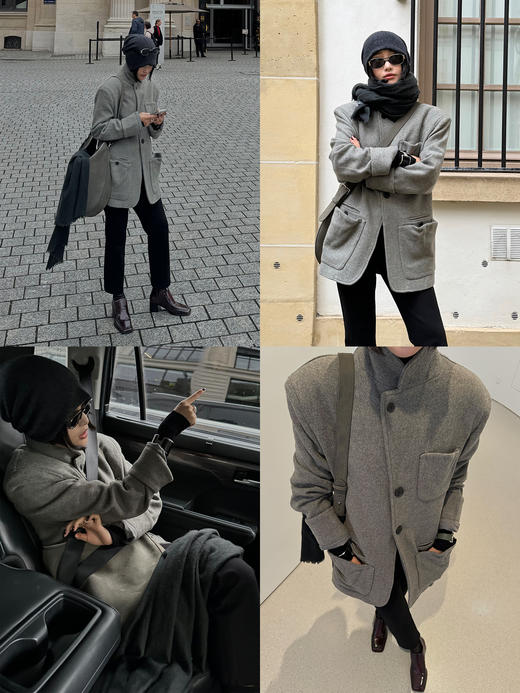 HIDEMI 进口澳洲绵羊毛全毛厚款复古立体口袋工装感西装导演外套大衣 意大利米/艺术灰/黑色 商品图1