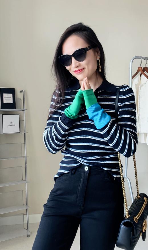 100%莱赛尔天丝原单定位条纹撞色袖针织衫 商品图0