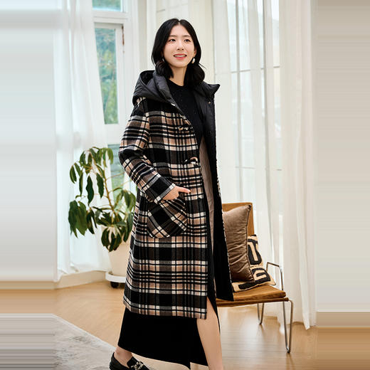 NEELLY纳俪商场同款冬季新款格子羊毛大衣女保暖白鹅绒内胆外套N24104N07763 商品图1