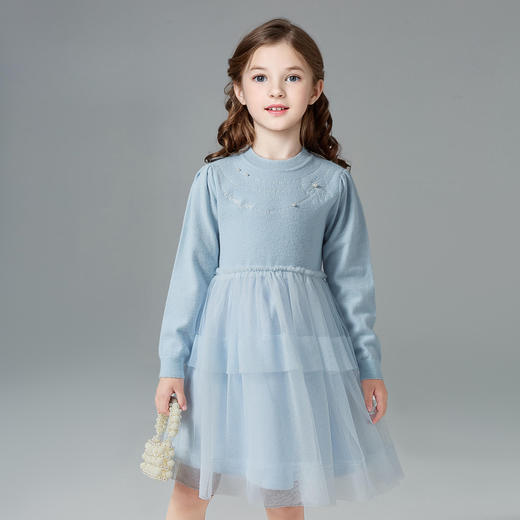 笛莎Deesha 童装女童连衣裙2024冬季毛织网纱拼接裙  商品图1
