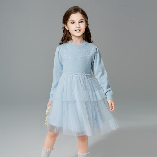 笛莎Deesha 童装女童连衣裙2024冬季毛织网纱拼接裙  商品图0