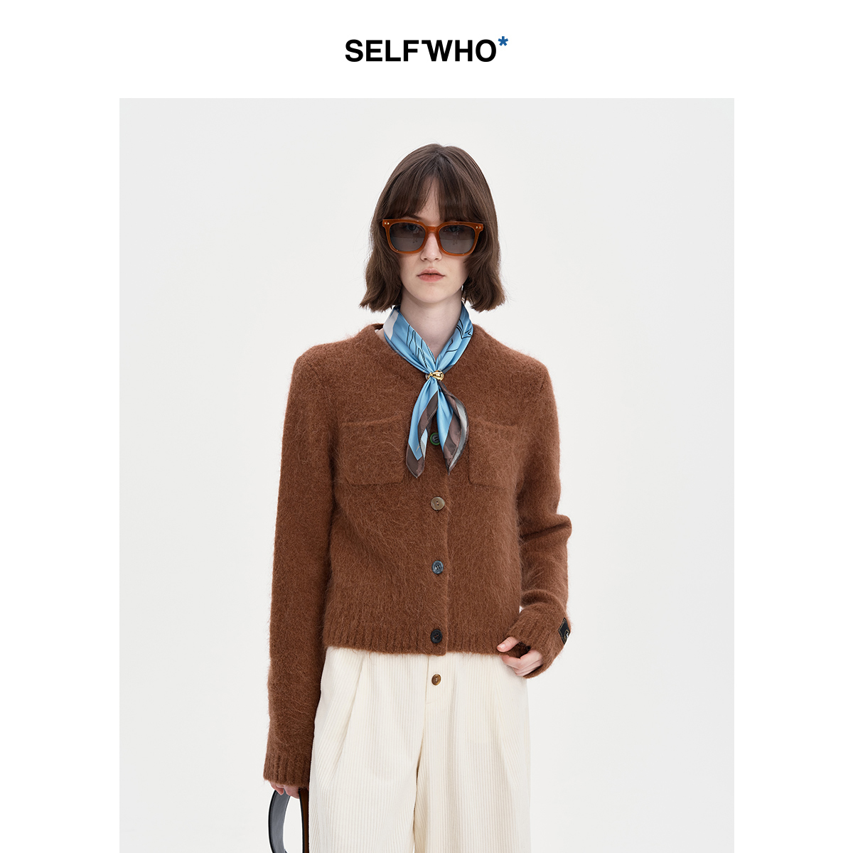 SELFWHO羊驼毛混纺短款针织衫开衫女2024秋冬新款气质设计感毛衣
