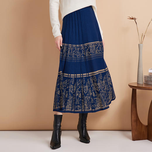 EITIE爱特爱新中式印花百褶仿马面裙高腰针织半身裙秋季新款C2406422 商品图6