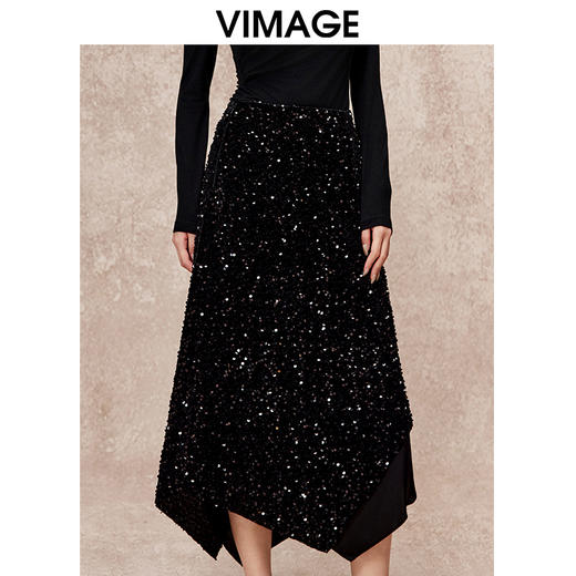 VIMAGE纬漫纪冬季新款复古时髦重工亮片显瘦百搭黑色半身裙V2206817 商品图3
