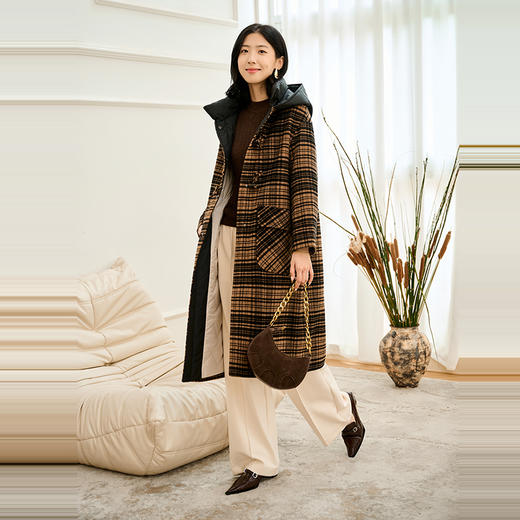 NEELLY纳俪商场同款冬季新款格子羊毛大衣女保暖白鹅绒内胆外套N24104N07763 商品图3