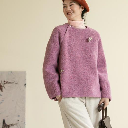 牧衣游原创 羊毛混纺羊羔毛套头衫女冬保暖简约宽松毛绒上衣 雾里 商品图3