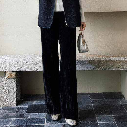 玳莎新中式丝绒裤女2024冬季新款垂感阔腿裤国风肌理感宽松直筒裤  ED36302 商品图1