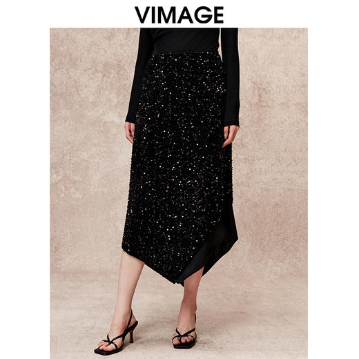 VIMAGE纬漫纪冬季新款复古时髦重工亮片显瘦百搭黑色半身裙V2206817 商品图5