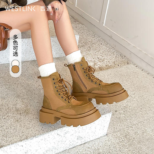 西遇厚底大黄靴马丁靴女新款秋冬英伦风显瘦圆头增高系带短靴V3747771 商品图0