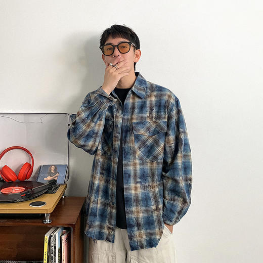 徐太浪美式拼色做旧格子长袖衬衫男秋季潮牌男装宽松休闲衬衣外套 商品图2