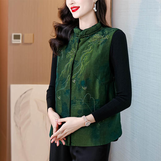 2024秋中国风盘扣刺绣锦绣河山桑蚕丝羽绒马甲KQL-353H9582 商品图1