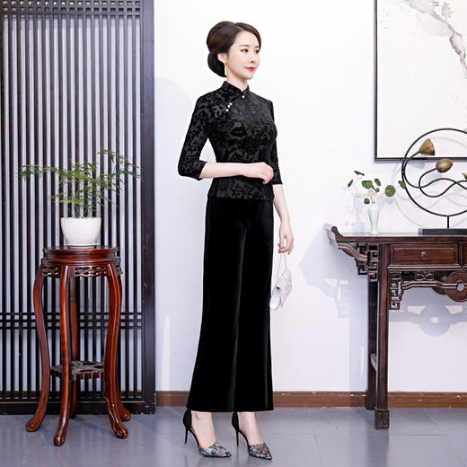 改良丝绒旗袍七分袖立领唐装上衣XL2258 商品图1