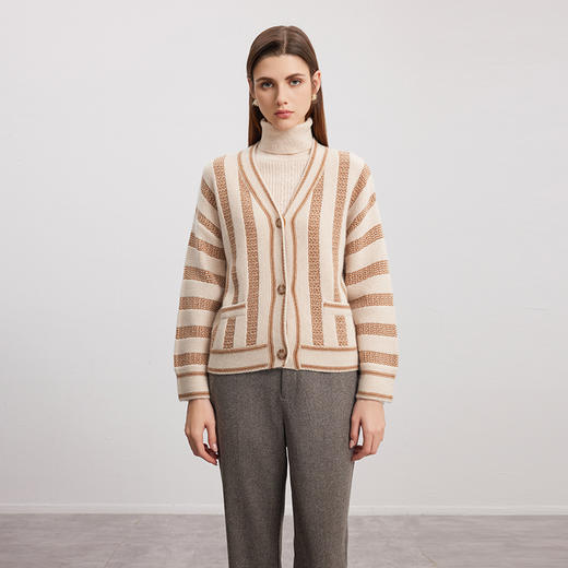 【V领条纹撞色开衫】羊绒世家秋冬新品女士100%山羊绒开衫条纹撞色针织外套 商品图2
