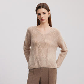 【羊绒+桑蚕丝绞花毛衣】羊绒世家秋冬新品女士V领绞花羊绒衫舒适保暖毛衣