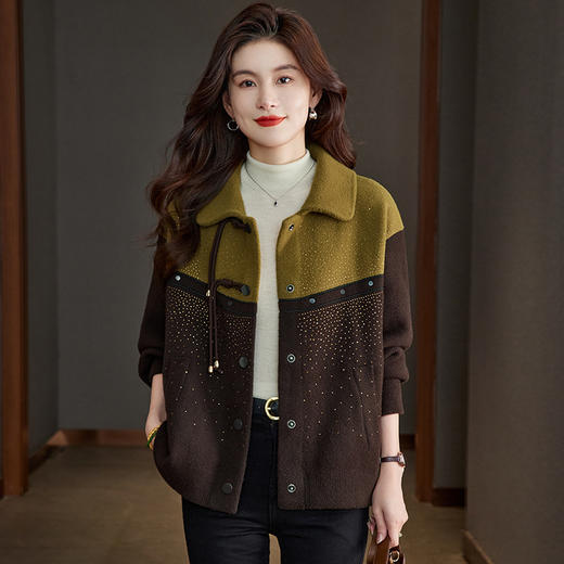 CC-22-177春秋翻领短外套2024新款小个子洋气妈妈宽松拼色加厚毛呢针织大衣 商品图2