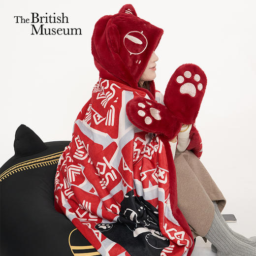 大英博物馆 盖亚·安德森猫和她的朋友们系列 百福 毛绒披风 午睡毯空调毯 红色 商品图0