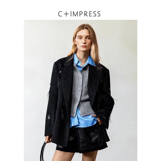 西嘉牦牛绒澳毛混纺 手工钉饰双面呢大衣女2024秋冬毛呢西装外套(货号:WT2404050) 商品图1