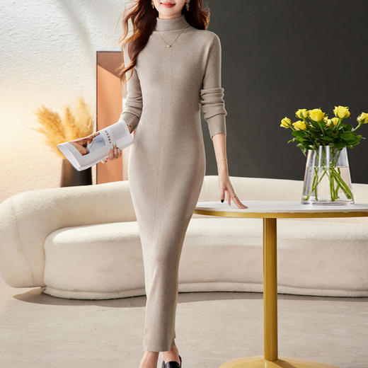 CC-16-9175秋冬高领修身显瘦特长款针织连衣裙女装配大衣打底衫毛衣裙子 商品图2