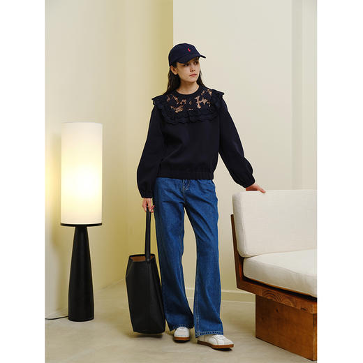 HeyDress法式蕾丝拼接卫衣女秋季复古圆领浪漫气质设计感短款上衣 商品图1