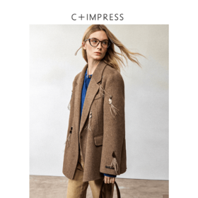 西嘉牦牛绒澳毛混纺 手工钉饰双面呢大衣女2024秋冬毛呢西装外套(货号:WT2404050)