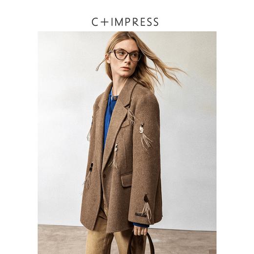西嘉牦牛绒澳毛混纺 手工钉饰双面呢大衣女2024秋冬毛呢西装外套(货号:WT2404050) 商品图0