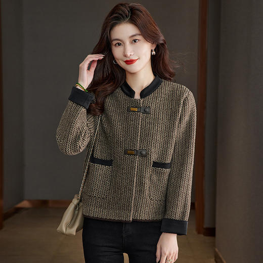 CC-2024秋季小香风立领条纹毛呢短外套针织上衣显瘦百搭防呢子上衣女 商品图1