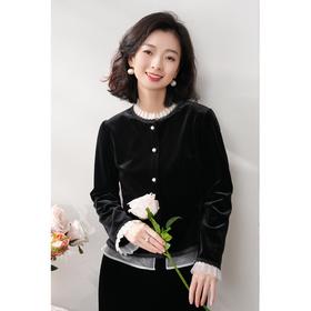 西子/【黑白间奏】韩国绒丝绒荷叶领欧根纱拼接收腰上衣衬衣/WTBH516