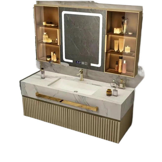 岩板一体风格洗手橡木洗脸盆盆洗脸漱台组合双盆卫生间轻奢浴室柜 商品图4