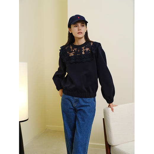 HeyDress法式蕾丝拼接卫衣女秋季复古圆领浪漫气质设计感短款上衣 商品图0