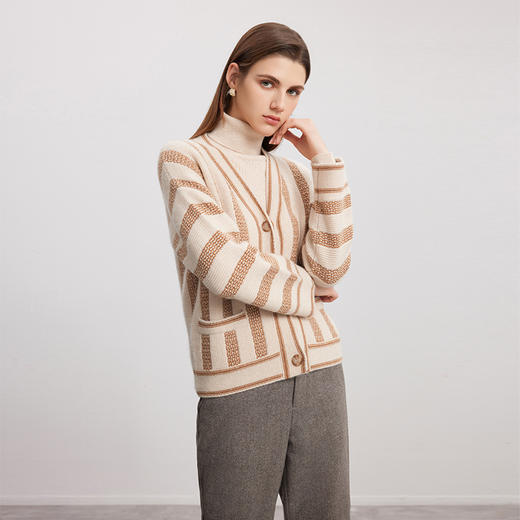 【V领条纹撞色开衫】羊绒世家秋冬新品女士100%山羊绒开衫条纹撞色针织外套 商品图1