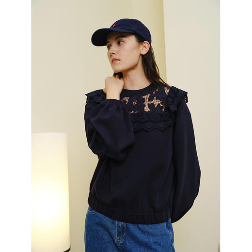 HeyDress法式蕾丝拼接卫衣女秋季复古圆领浪漫气质设计感短款上衣 商品图2