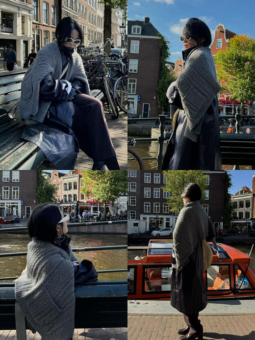 HIDEMI进口澳洲美利奴羊毛粗针绞花设计感加厚款廓形v领纽扣开衫毛衣外套 黑色|烟灰色 商品图3