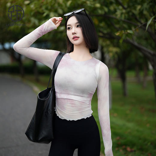 跃牌【禅语梵心】渐变纱假两件运动T恤女长袖带胸垫瑜珈服网纱上衣CX4073 商品图3