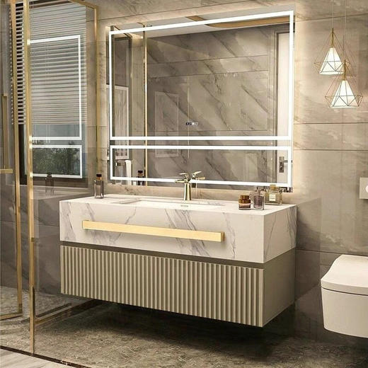 岩板一体风格洗手橡木洗脸盆盆洗脸漱台组合双盆卫生间轻奢浴室柜 商品图3