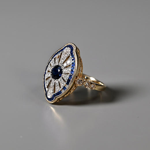 欧洲古董电光蓝宝石钻石戒指 商品图1