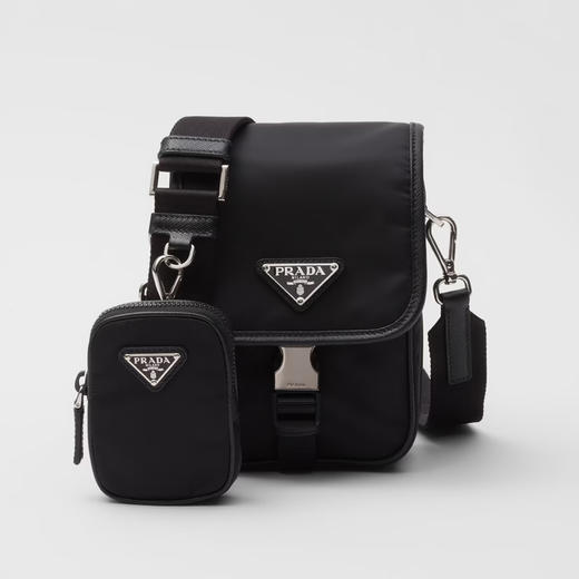 PRADA 普拉达 男士 Re-Nylon 和 Saffiano 皮革珐琅金属三角形徽标单肩包 黑色 2VD043 2DMH F0002 XOP 商品图0