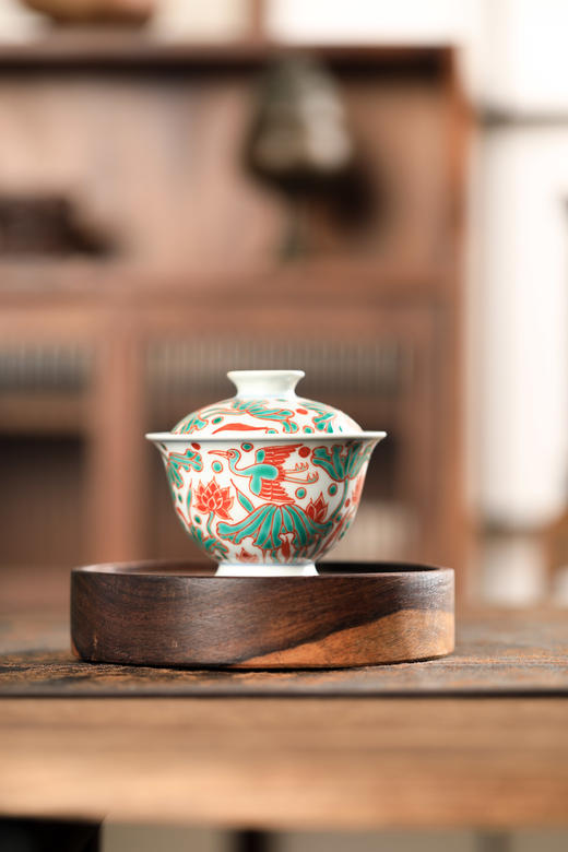 莲画堂红绿彩一路连科盖碗 商品图0